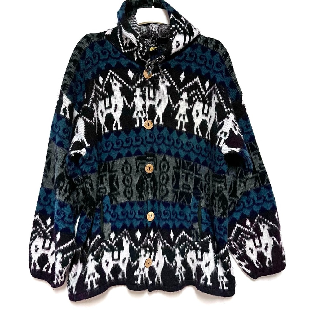 Vintage Andes Artesanias Alpaca Wool Jacket Hooded Button Front Native Ecuador